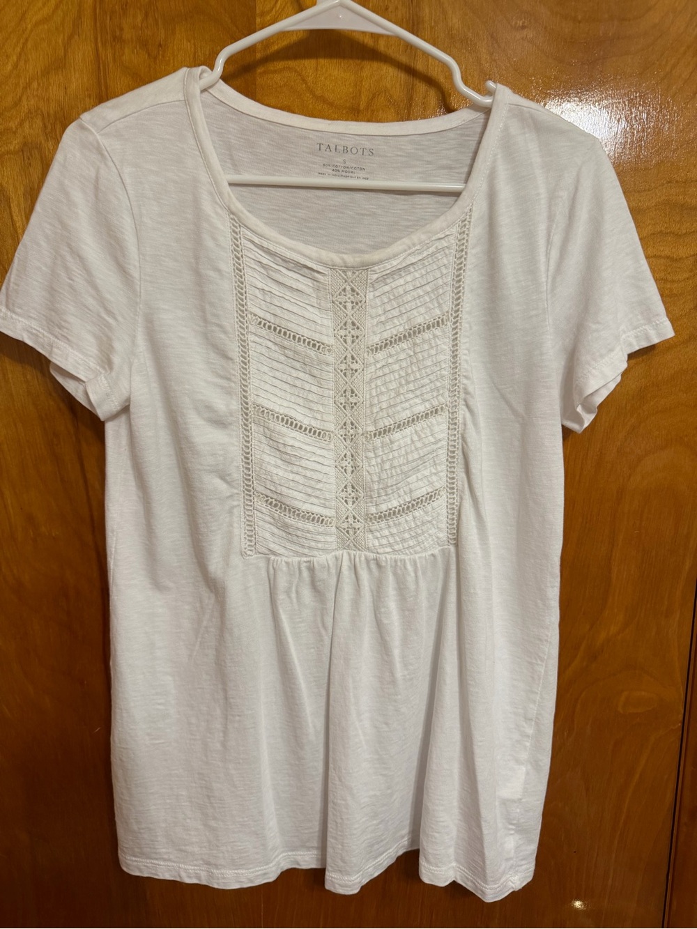 Talbots White Short Sleeve Tee with Crochet Bib